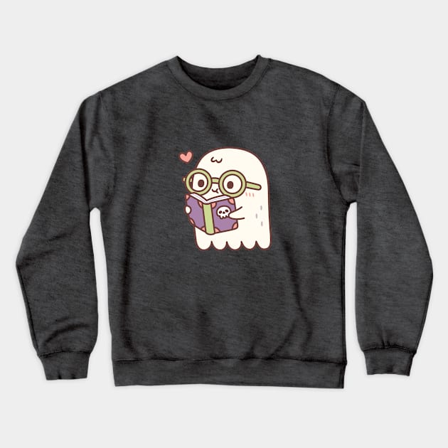 Cute Ghost Reading A Book With A Skull Crewneck Sweatshirt by rustydoodle